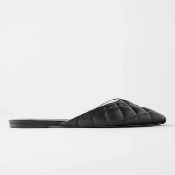 Zara Quilted Vegan Leather Flat Mules Shoes  Black Size 7.5 - Picture 2 of 8